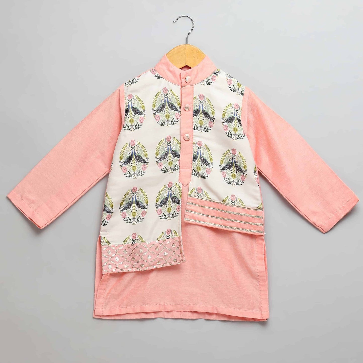 PEACH KURTA PYJAMA WITH ATTACHED PRINTED JACKET