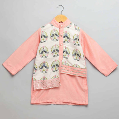 PEACH KURTA PYJAMA WITH ATTACHED PRINTED JACKET
