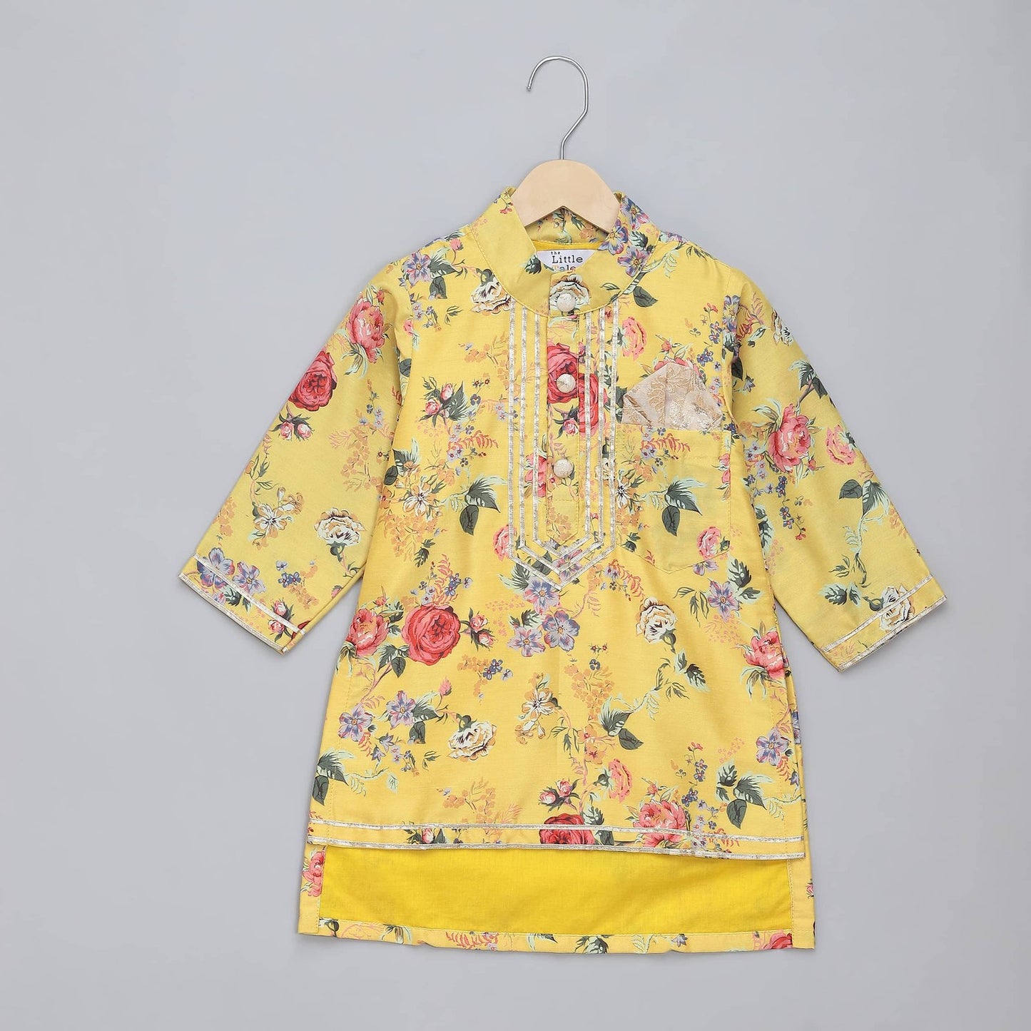 YELLOW PRINTED  KURTA PYJAMA SET WITH ATTACHED PRINT PANEL