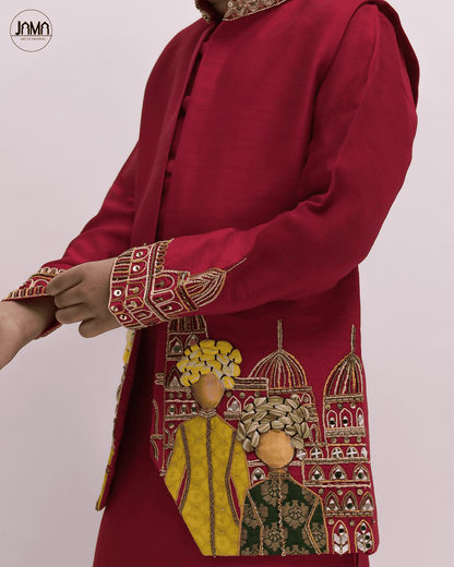 RED KURTA & IVORY PANT WITH JACKET