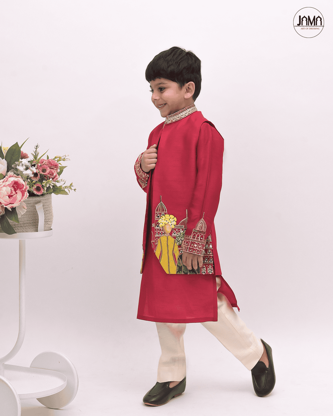 RED KURTA & IVORY PANT WITH JACKET