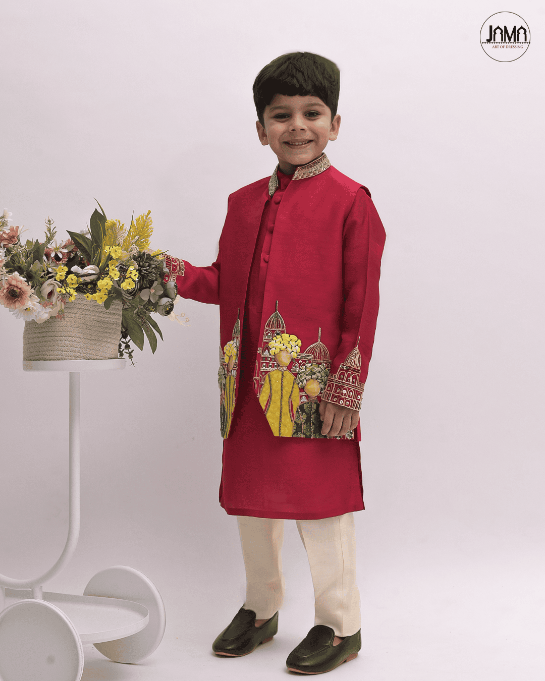 RED KURTA & IVORY PANT WITH JACKET