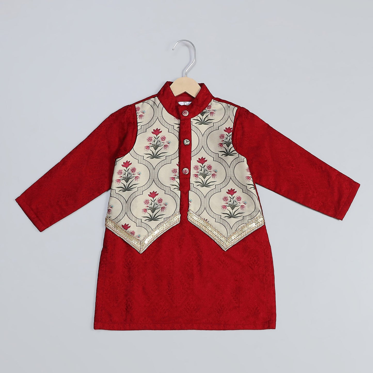 MAROON MUGHAL PRINTED KURTA PYJAMA SET