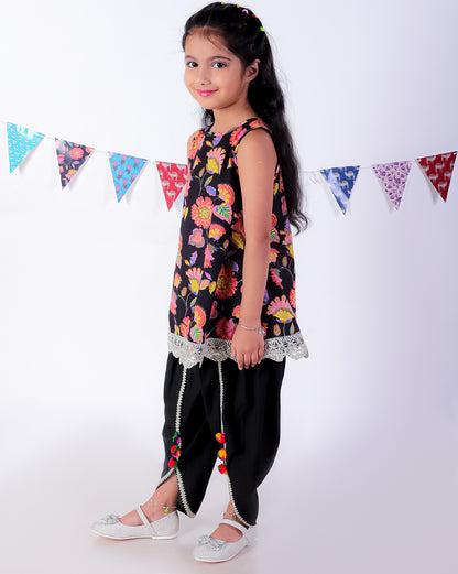 Jaipur Girls Black Cotton Kurta with Dhoti Ethnic Set