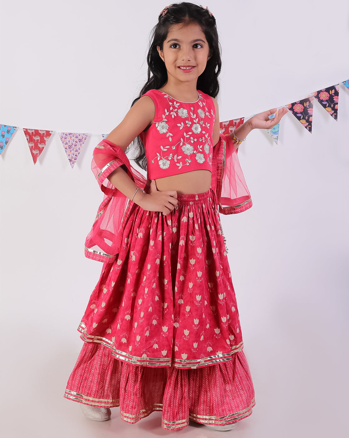 Jaipur Girls Red Cotton Lehanga and Choli with Dupata Ethnic Set