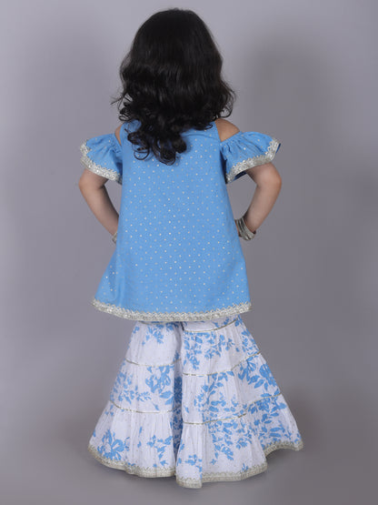 Ethnic Girls Blue Cotton Kurta with Sharara Set