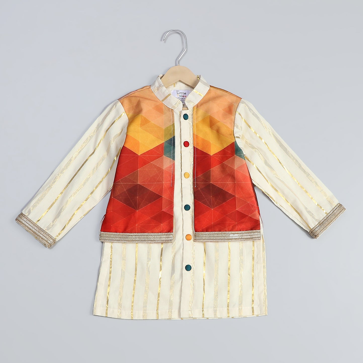 OFF WHITE  KURTA WITH MULTI COLORATTACHED JACKET AND PYJAMA