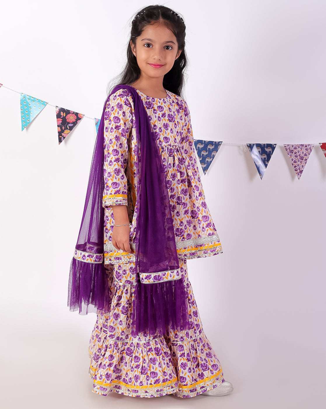 Jaipur Girls Lavender Cotton Kurta with Sharara with Dupata Ethnic Set