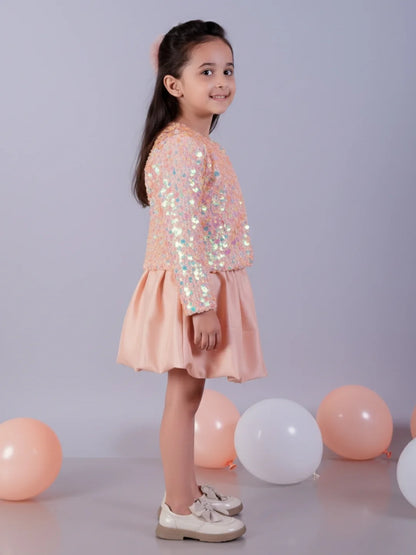 Glam up Peach Jacket with Skirt For Girls