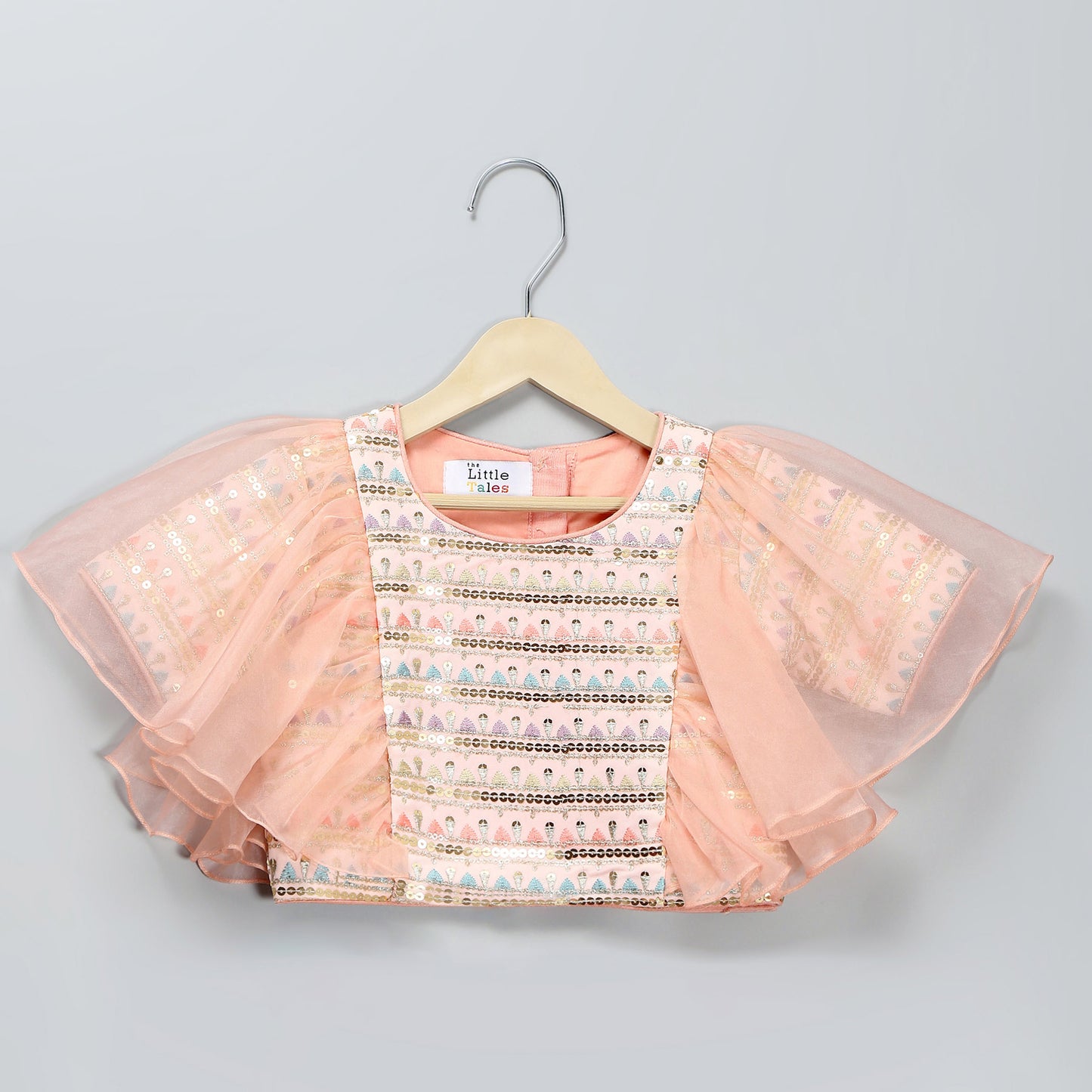 PEACH ORGANZA AND SILK FRILLY BLOUSE LEHNGA SET WITH DUPPATA
