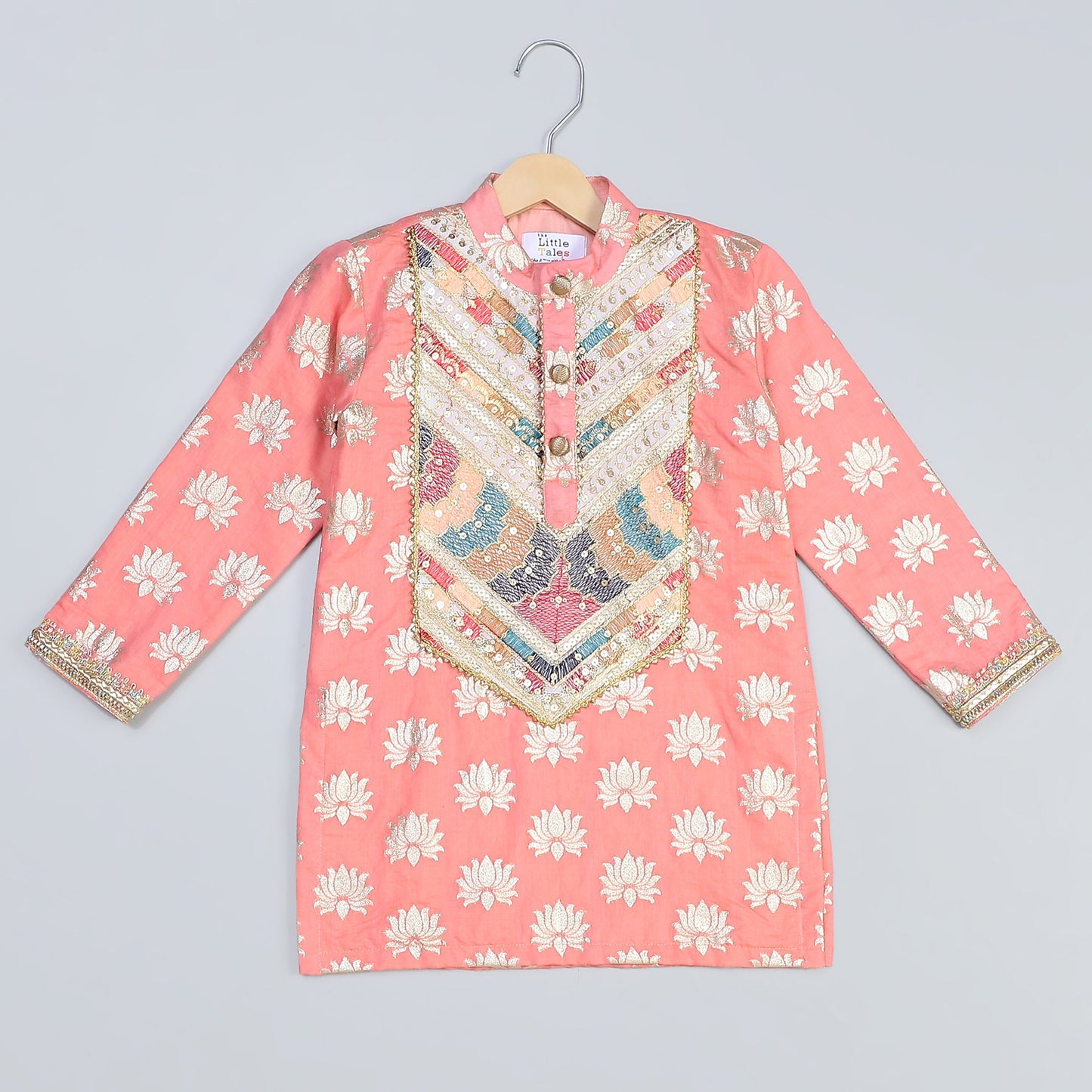 PEACH LOTUS PRINT WITH YOKE EMBROIDERY KURTA PAYJAMA SET