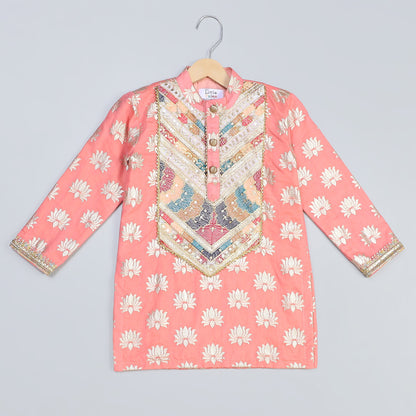 PEACH LOTUS PRINT WITH YOKE EMBROIDERY KURTA PAYJAMA SET