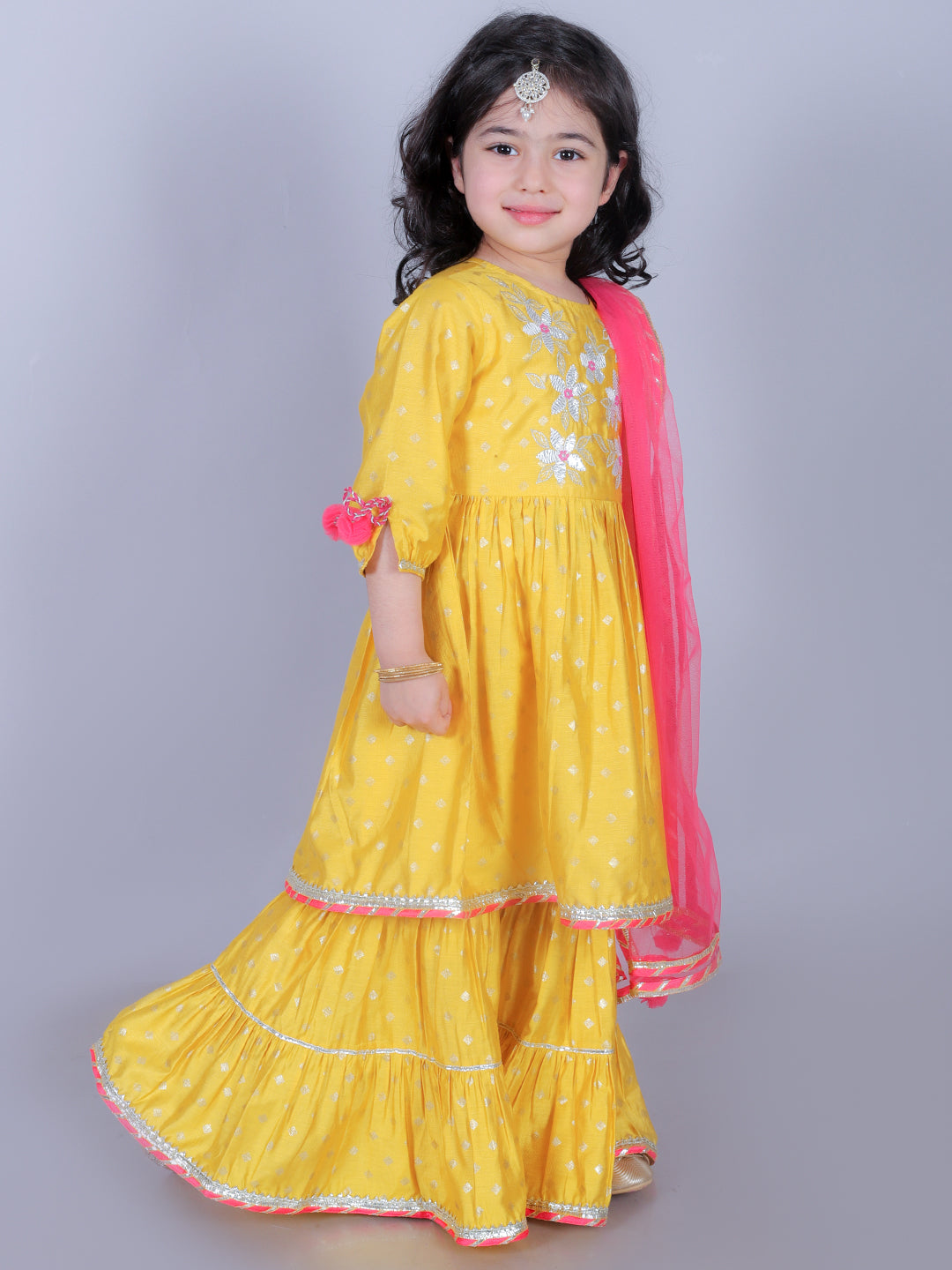 Ethnic Girls Yellow kurta with Sharara and Dupatta set