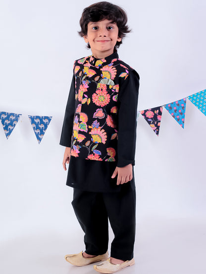 Jaipur Boys Black Kurta and Pyjama with Jacket Ethnic Set