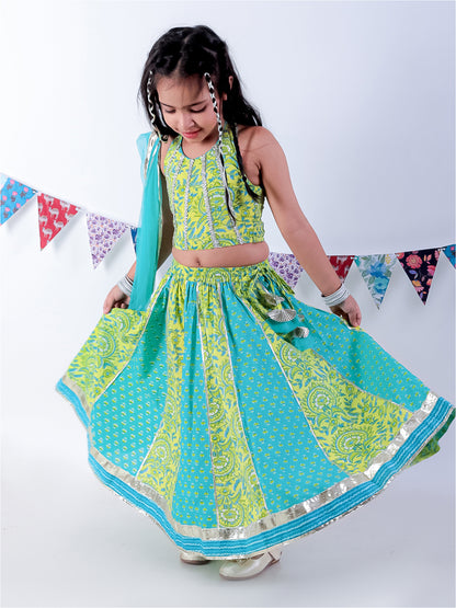 Jaipur Girls Green Cotton Lehanga and Choli with Dupata Ethnic Set