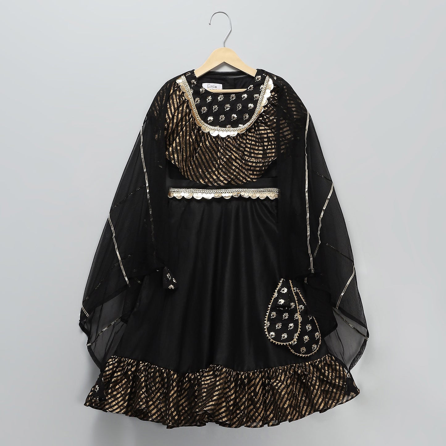 BLACK CHANDERI FRILL LEHNGA SET