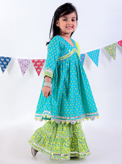 Jaipur Girls Green Cotton Kurta with Sharara with Dupata Ethnic Set