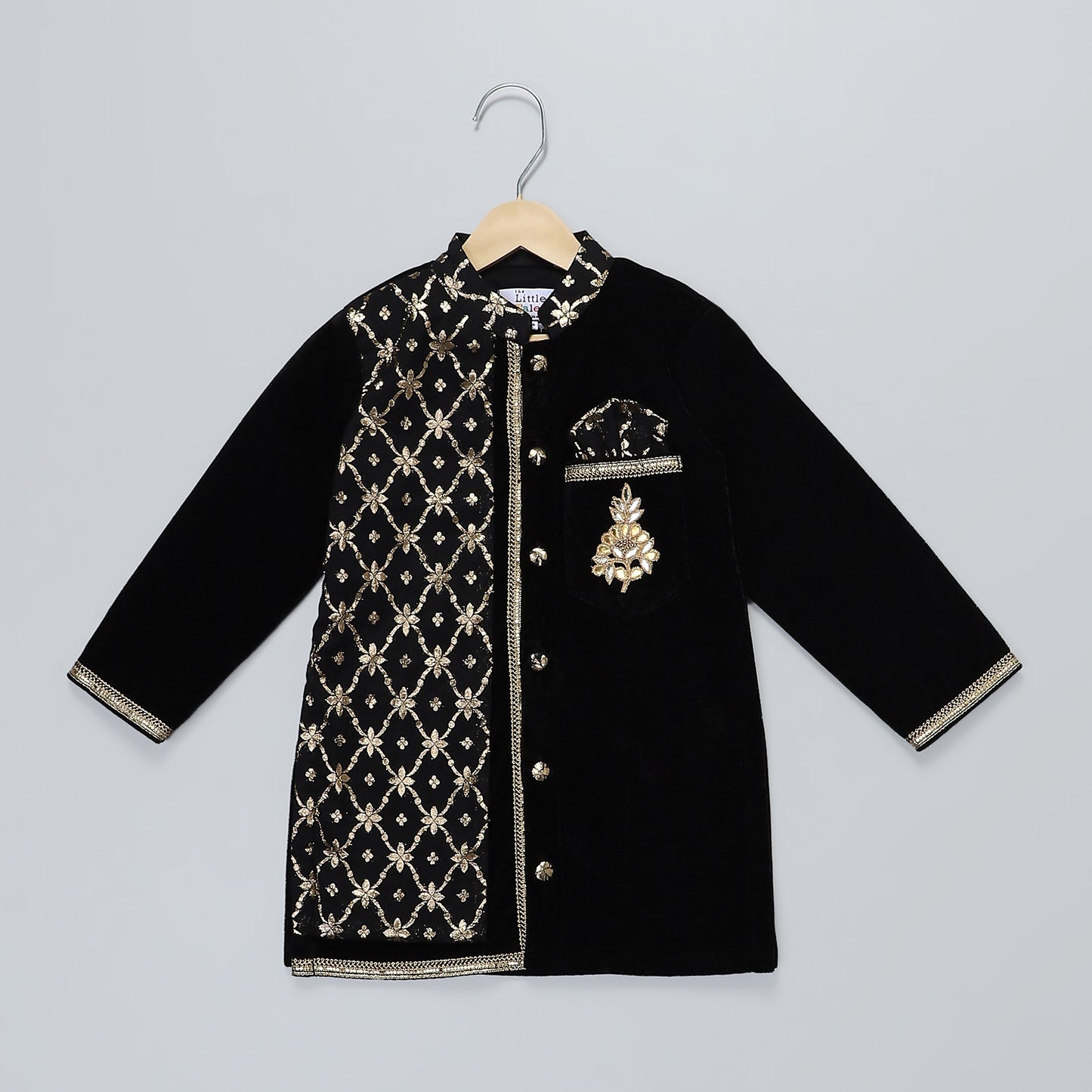 BLACK VELVET KURTA SET WITH CHANDERI PANEL