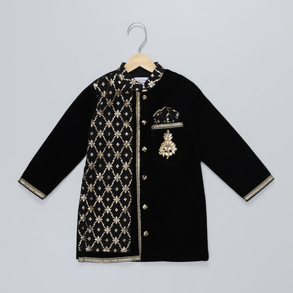 BLACK VELVET KURTA SET WITH CHANDERI PANEL