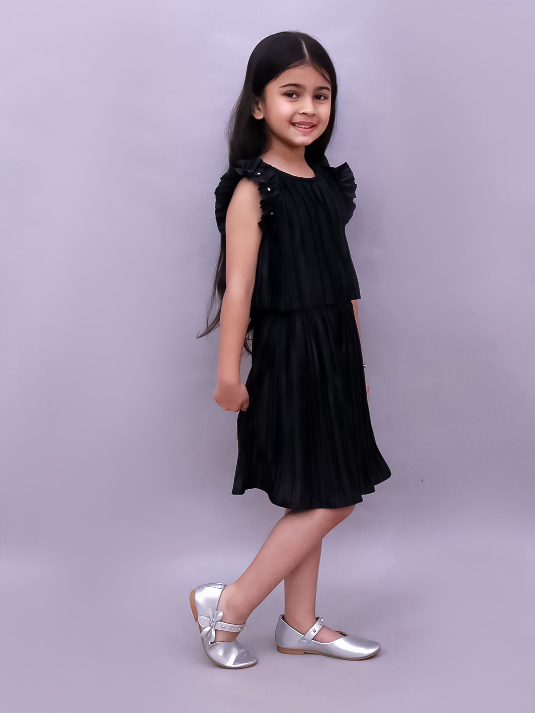 Lil Drama Poly Knit Frill Sleeves Pleated Top and Skirt - Black