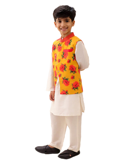 Genda Phool White Kurta and Pant with Mustard Jacket Set for Boys