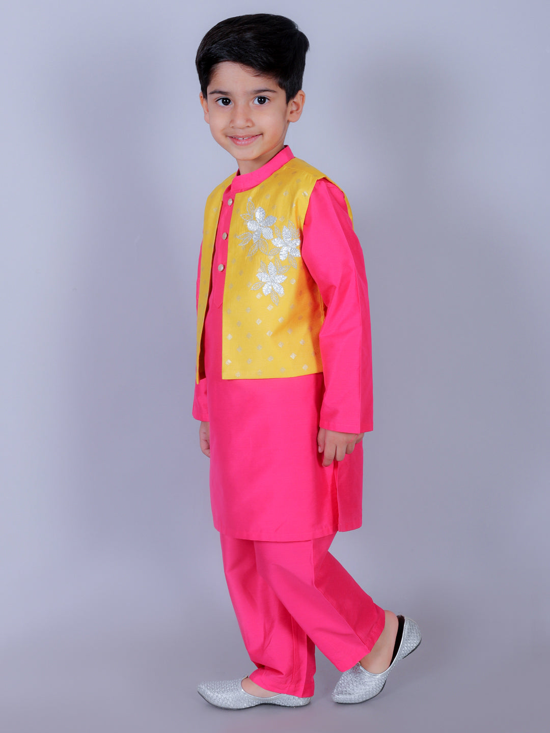 Ethnic Boys Pink Kurta with Pant and Jacket set