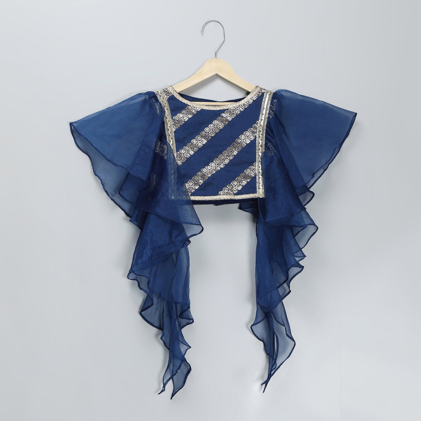 BLUE CHANDERI FRILL BLOUSE LEHNGA SET