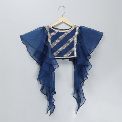 BLUE CHANDERI FRILL BLOUSE LEHNGA SET