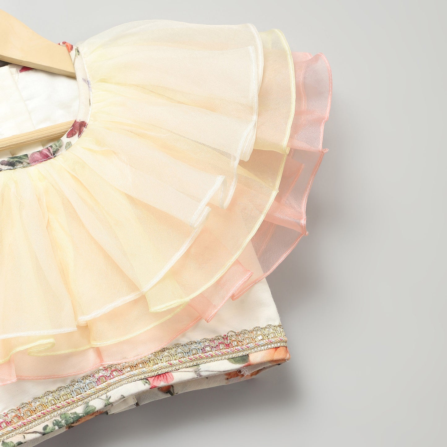 MULTI COLOR ORGANZA FRILL  WITH PRINTED LEHNGA SET