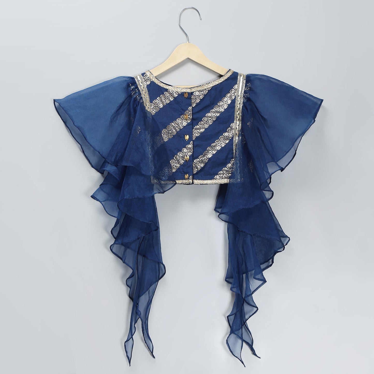 BLUE CHANDERI FRILL BLOUSE LEHNGA SET