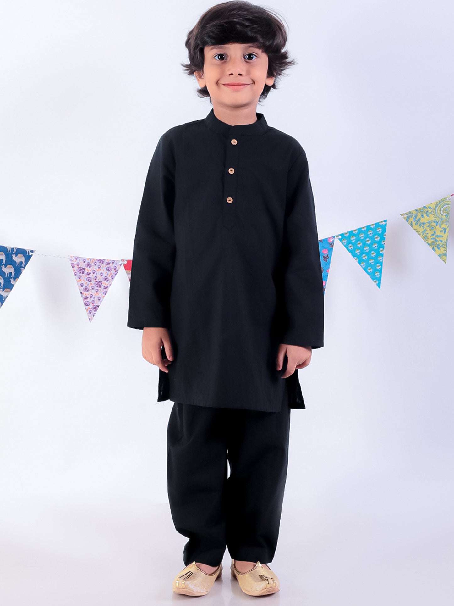 Jaipur Boys Black Kurta and Pyjama with Jacket Ethnic Set