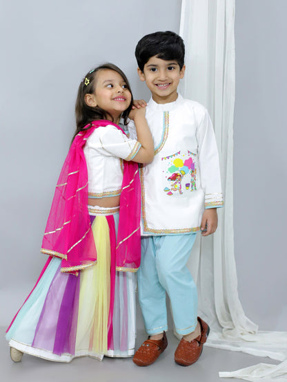 KIDS PLAYING HOLI PRINTED POCKET KURTA PYJAMA SET