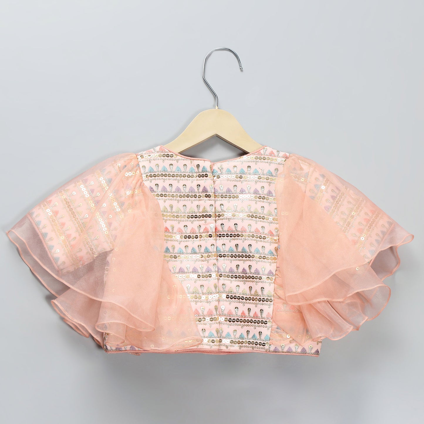 PEACH ORGANZA AND SILK FRILLY BLOUSE LEHNGA SET WITH DUPPATA