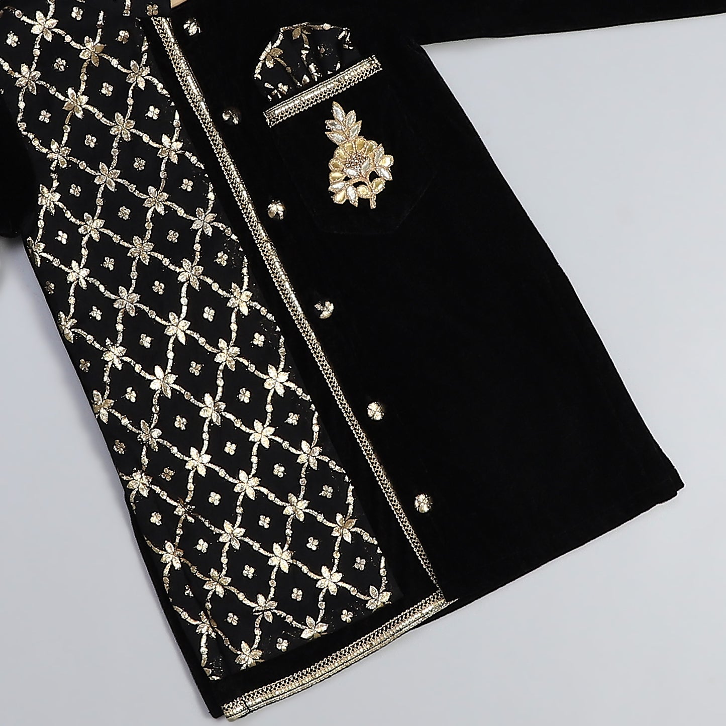 BLACK VELVET KURTA SET WITH CHANDERI PANEL