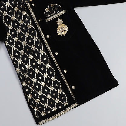 BLACK VELVET KURTA SET WITH CHANDERI PANEL