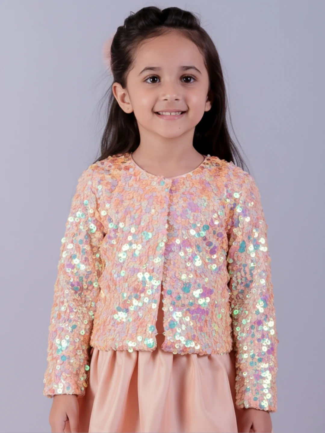 Glam up Peach Jacket with Skirt For Girls