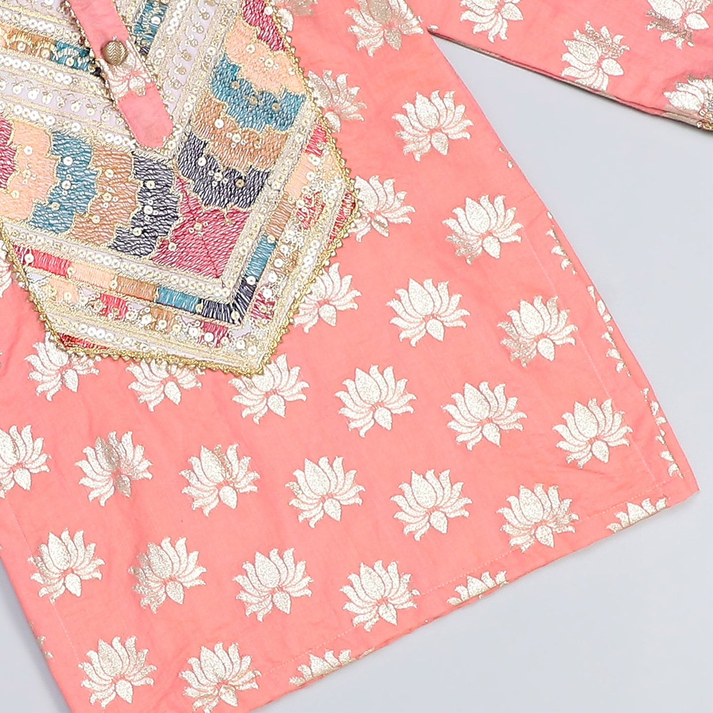 PEACH LOTUS PRINT WITH YOKE EMBROIDERY KURTA PAYJAMA SET