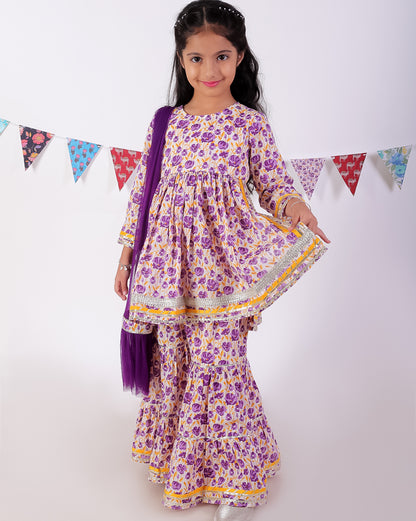 Jaipur Girls Lavender Cotton Kurta with Sharara with Dupata Ethnic Set