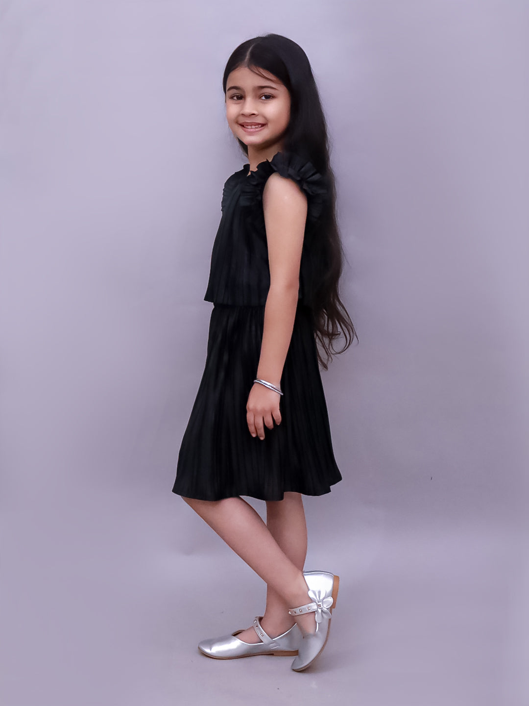 Lil Drama Poly Knit Frill Sleeves Pleated Top and Skirt - Black