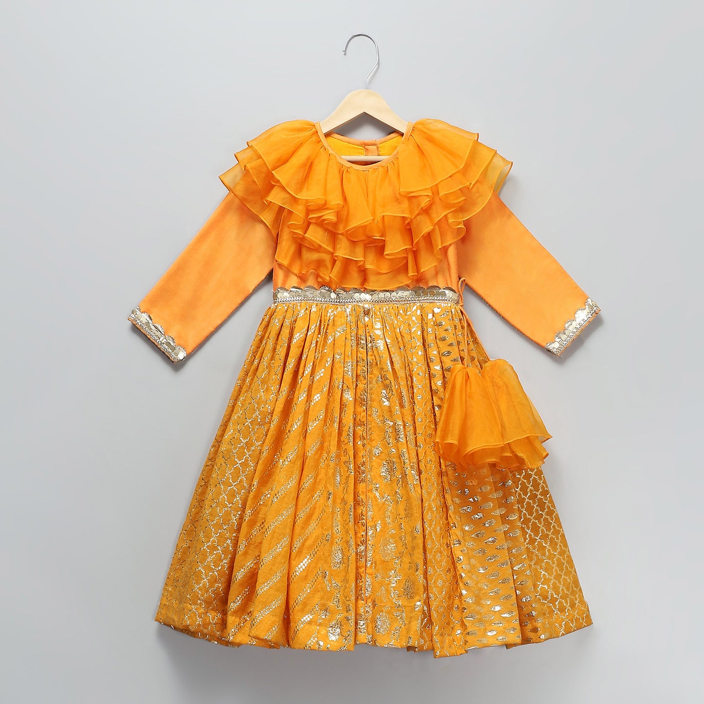 ORANGE FRILLY CHANDERI ANARKALI SET WITH DUPPATTA