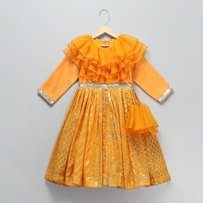 ORANGE FRILLY CHANDERI ANARKALI SET WITH DUPPATTA