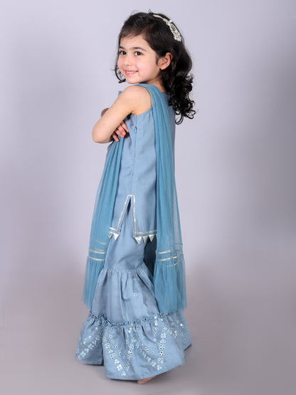 Ethnic Girls Blue Kurta with Sharara and dupatta set