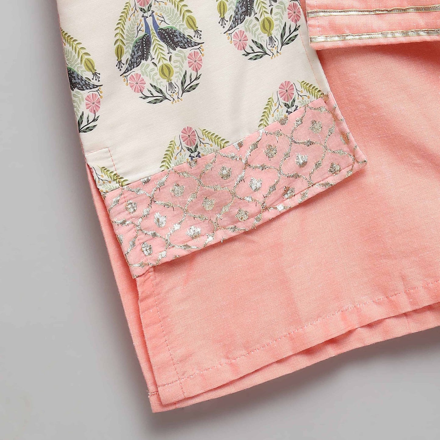 PEACH KURTA PYJAMA WITH ATTACHED PRINTED JACKET
