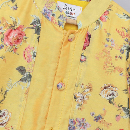 YELLOW PRINTED  KURTA PYJAMA SET WITH ATTACHED PRINT PANEL