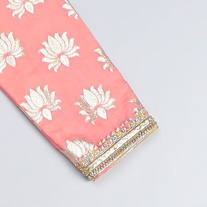 PEACH LOTUS PRINT WITH YOKE EMBROIDERY KURTA PAYJAMA SET