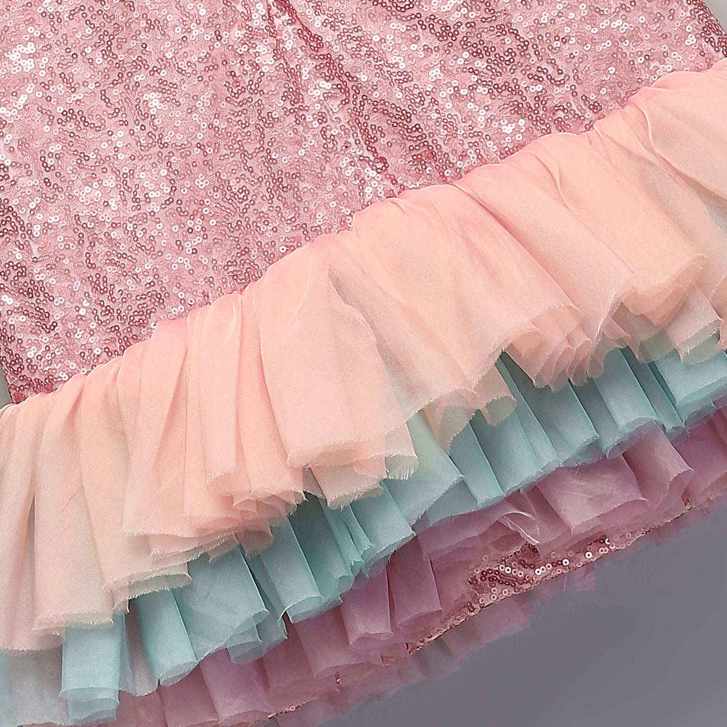 PINK SEQUINS WITH MULTI LAYERED RUFFLED DRESS