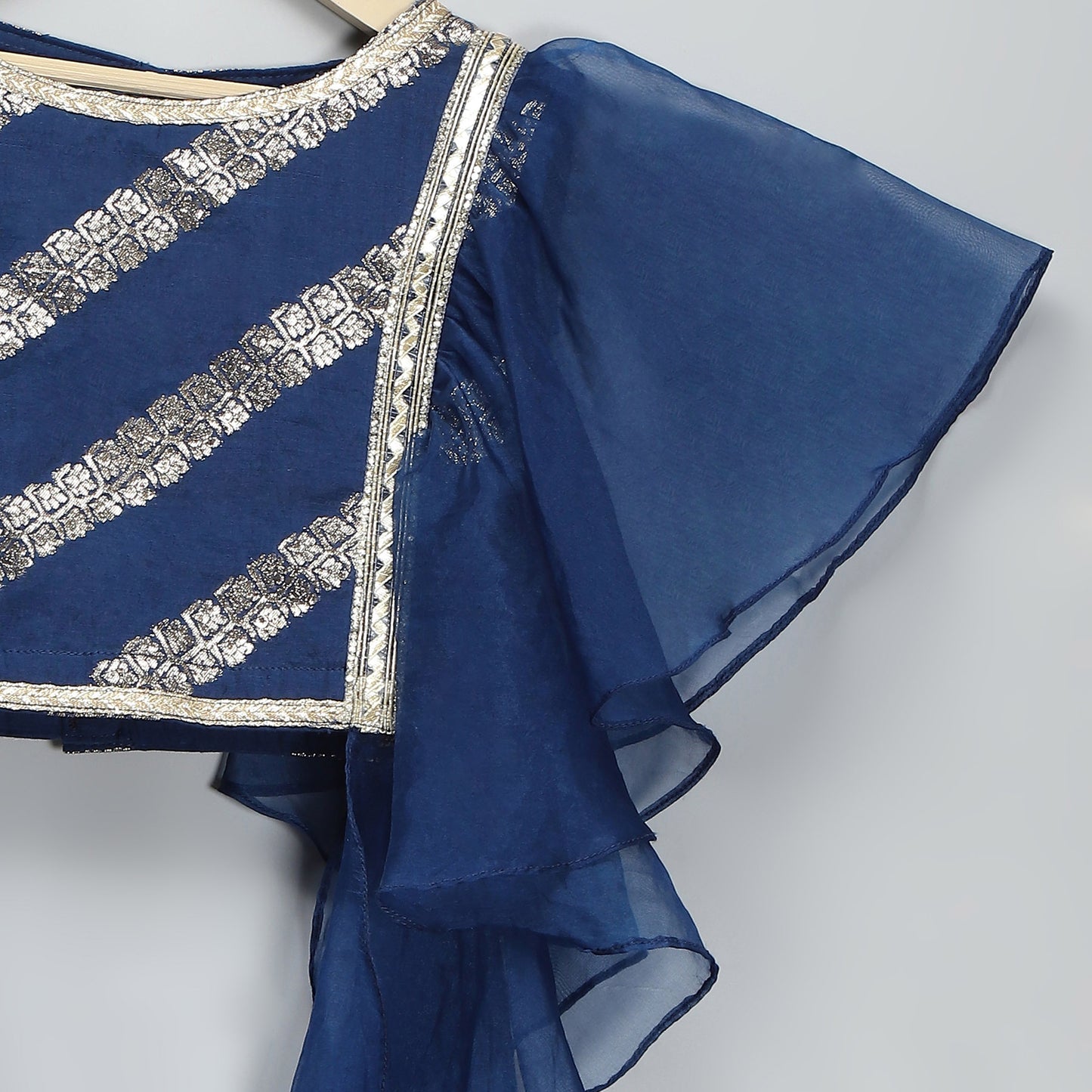 BLUE CHANDERI FRILL BLOUSE LEHNGA SET