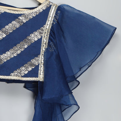 BLUE CHANDERI FRILL BLOUSE LEHNGA SET