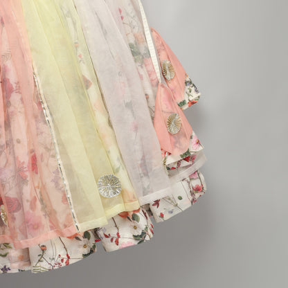 MULTI COLOR ORGANZA FRILL  WITH PRINTED LEHNGA SET