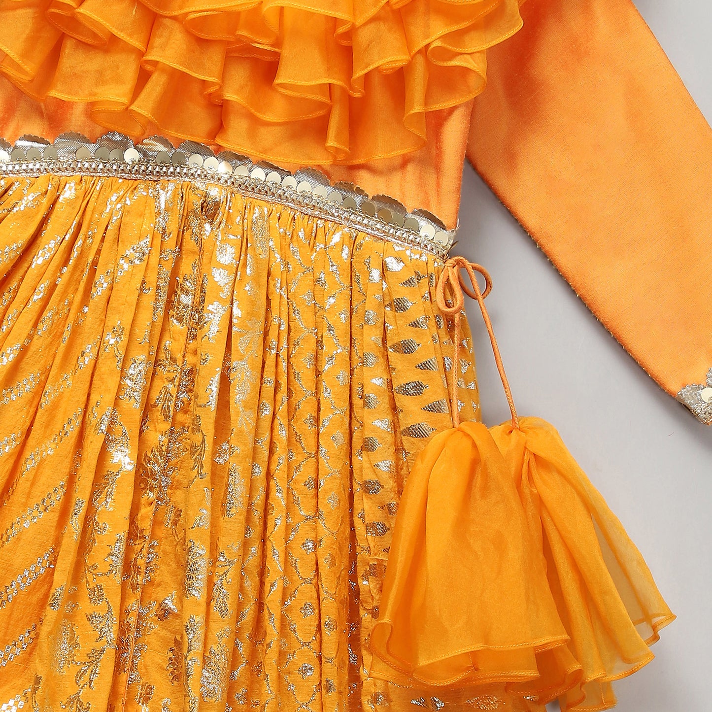 ORANGE FRILLY CHANDERI ANARKALI SET WITH DUPPATTA